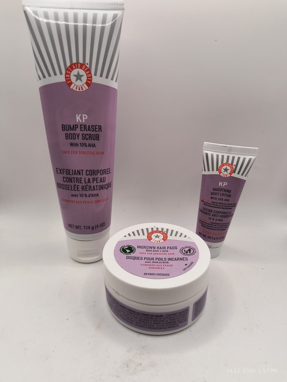 First Aid Beauty KP Bump Eraser Body Scrub 4oz Ingrown Hair Pads + Free Lotion